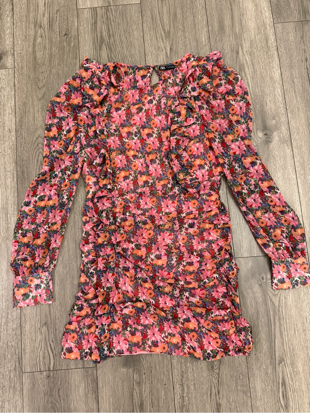 Zara Pink Floral Ruffle Sheer Long Sleeve Size: Medium Mini Short Dress with ope